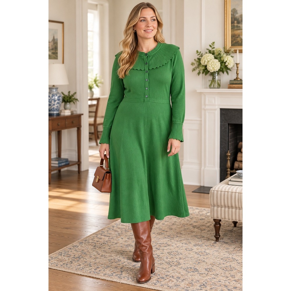 Boden US 12 Green Cotton Wool Blend Scalloped Collar Midi Sweater Dress